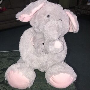 Hugfun Plush Elephant Mom Holding Baby Gray Pink Ears Soft Stuffed 14" Sitting